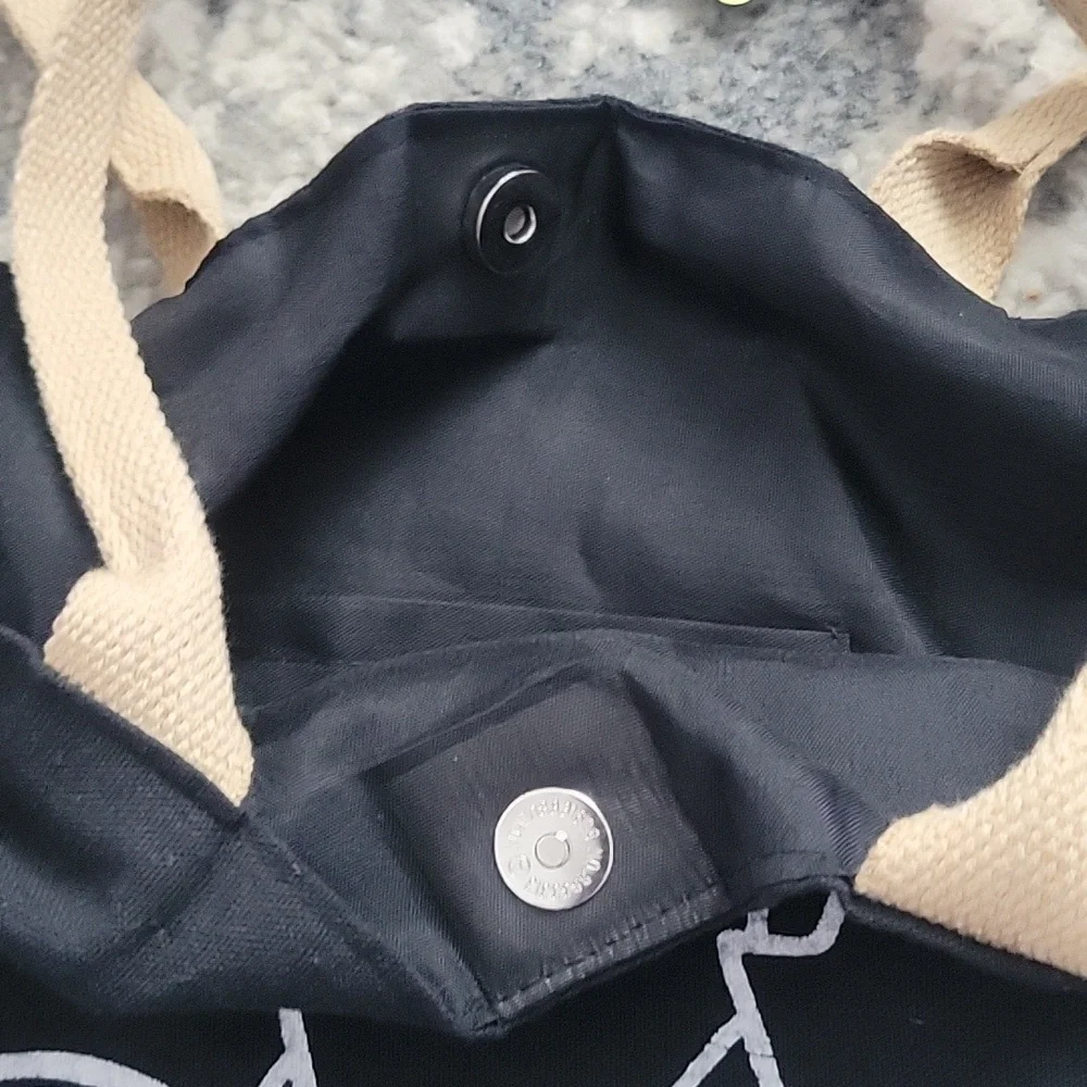 Black Canvas Tote Bag with Bicycle Print